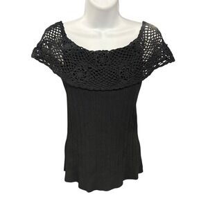 Cabo Black Knit Floral Crochet Off The Shoulder Top‎ Size L Y2K